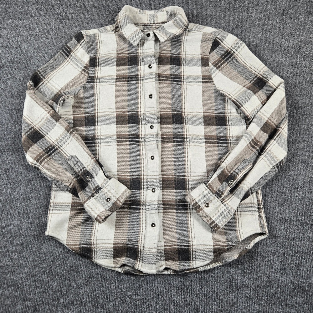 Flag & Anthem Plaid Flannel Shirt Womens S Brown Cream Button Down
